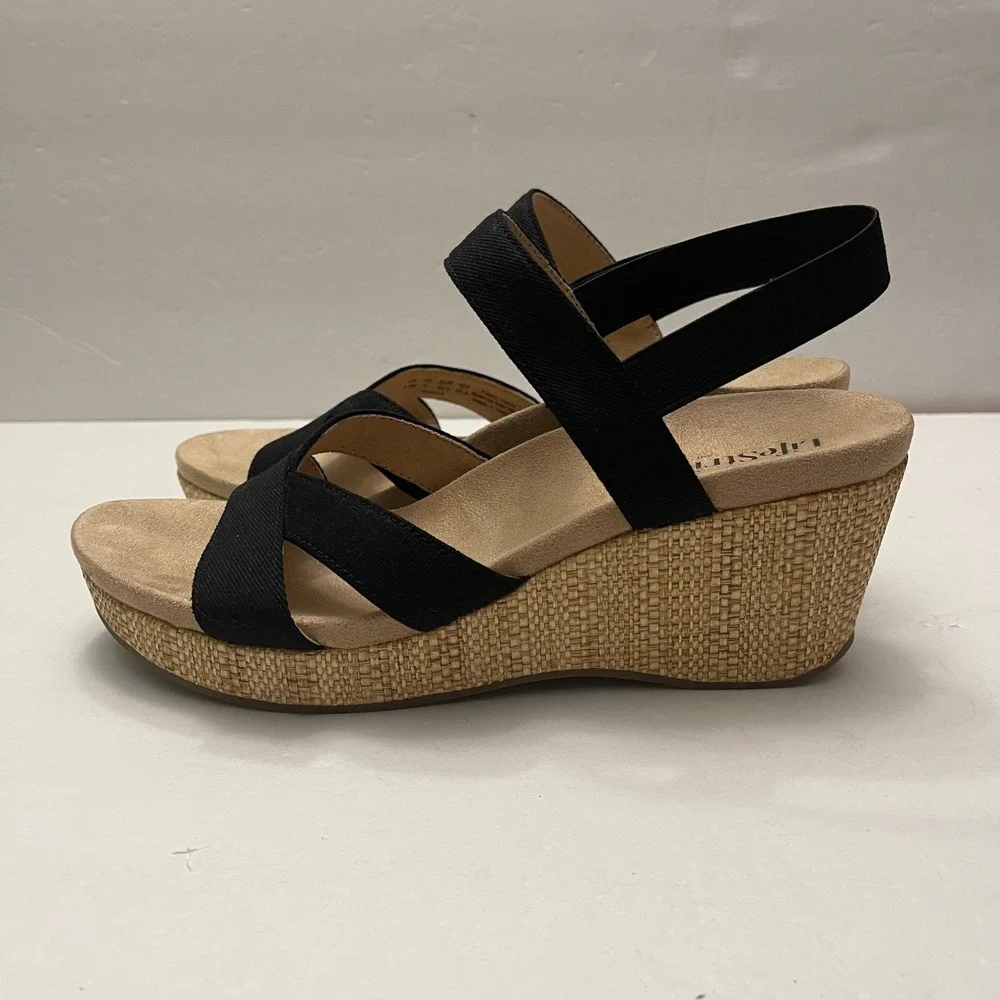 LifeStride Danita Black Wedge Sandals Elastic Straps Raffia Heel Womens‎ 9.5M